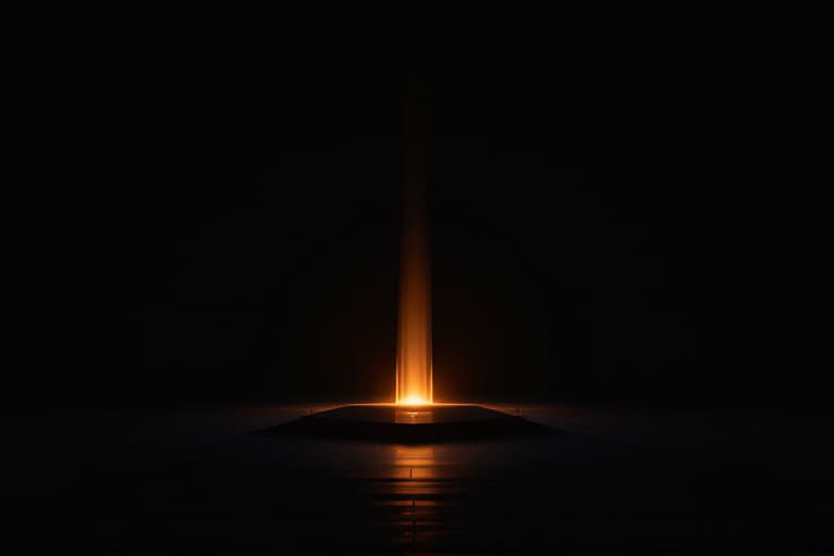A single geometric structure burning with warm amber light in an immense black void, the only bright thing in the frame